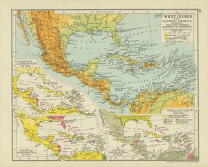 Westindien und Mittelamerika mit den Daten der wichtigsten europäischen Siedlungen (Farblithografie) von English School