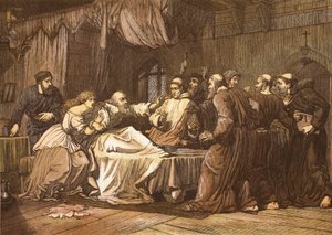 Wicliffe auf seinem Sterbebett von Mönchen angegriffen, graviert von T. Bolton