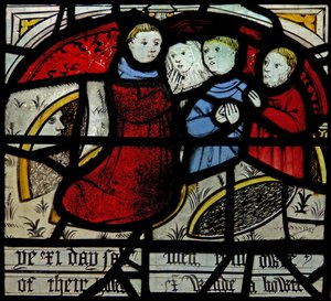 Die letzten fünfzehn Tage der Welt (das Pryke of Conscience Fenster): Menschen kommen aus ihren Löchern, um zu beten von English School