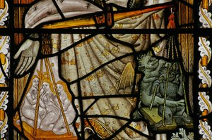 Fenster Na mit Darstellung von St. Michaels Waage mit Teufel und Seelen in den Waagschalen
