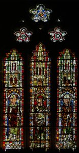 Fenster S3 mit St. Brictius, St. Ambrosius und St. Wulfstan(?)