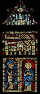 Fenster mit zwei Heiligen und heraldischen Schilden