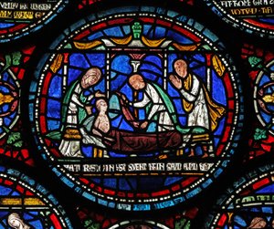 Fenster s6, Szene aus einem St. Thomas Becket Wunderfenster: Cicely von Plumstead(?) sitzt auf ihrer Bahre auf von English School
