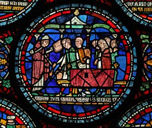 Fenster s6, Szene aus einem St. Thomas Becket Wunderfenster: Beerdigung von Gilbert de Brun (?) von English School