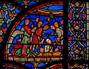 Fenster s7, Szene aus einem St. Thomas Becket Wunderfenster: William von Gloucester begraben und wieder ausgegraben