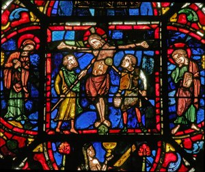 Fenster w0 mit der Kreuzigung mit Maria und Johannes und Soldaten mit einem Speer und dem Essigschwamm