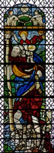 Fenster w36, Darstellung von St. Christophorus - eine hybride Figur aus französischem Glas des 16. Jahrhunderts und englischem Glas des 15. Jahrhunderts, zusammengesetzt 1956