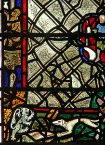 Fenster w40, Darstellung eines Randpanels mit Affe, Löwe und Hund; Grisaille von English School