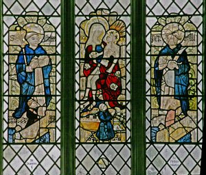 Fenster w4 zeigt die Pietà mit St. Dominikus und St. Peter Martyr: kleine Stifterfiguren von English School
