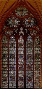Fenster w57, Darstellung des Kapitelsaals Ostfenster: Kindheit Christi: Tod der Jungfrau von English School