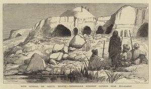 Mit General Sir Samuel Browne, bemerkenswerte buddhistische Höhlen in der Nähe von Jellalabad (Stich) von English School