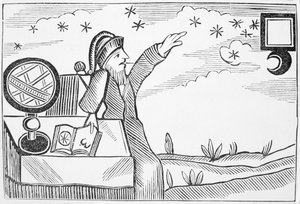 Zauberer, der den Mond und die Sterne konsultiert, Illustration aus einer Sammlung von Heftromanen über Esoterik von English School