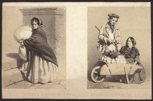 Straßenverkäuferin, die Gemüse von einer Karre verkauft (Lithographie) von English School