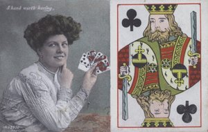 Frau mit Spielkarten und dem König der Keulen (Farblithografie) von English School