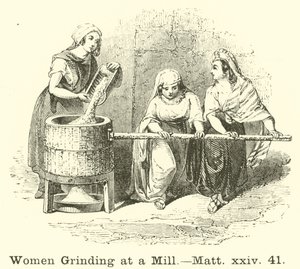 Frauen mahlen an einer Mühle von English School
