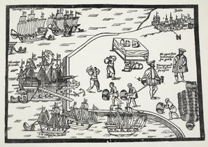 Holzschnitt, der den Weinhandel zwischen Bordeaux und England illustriert von English School