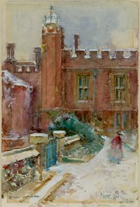 Eine Figur im Schnee am Hampton Court Palace, 24. November 1904