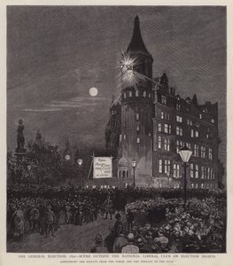 Bekanntgabe der Ergebnisse der Parlamentswahl 1892 aus dem Liberal Club, Westminster, London