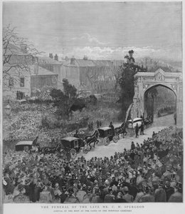 Trauerzug, der den Leichnam des englischen Baptistenpredigers Charles Haddon Spurgeon zum Norwood Cemetery in London bringt von Enoch Ward