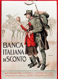 Erster Weltkrieg: Italienisches Plakat zur Förderung eines nationalen Kredits, Darstellung eines Soldaten mit einem kleinen Mädchen, das ihm seine Lira anbietet von Enrico della Lionne