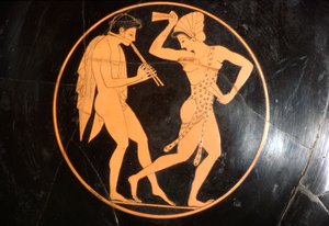 Trinkbecher, Kylix eines tanzenden Mädchens mit einem Flötenspieler, Attisch, ca. 510 v. Chr. von Epikektos