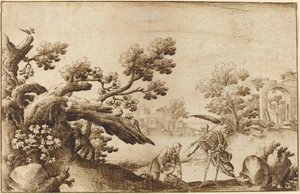 Der Tod und der Holzfäller in einer Küstenlandschaft mit Ruinen von Ercole Bazicaluva
