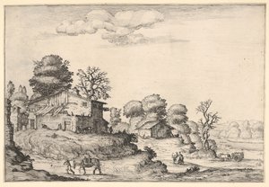 Landschaft mit Bauernhäusern und einem Mann, der ein Pferd im Vordergrund führt, aus einem ..., 1638