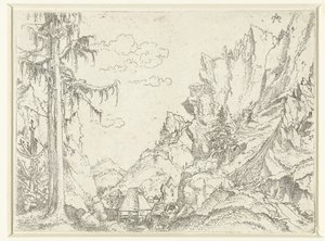 Landschaft mit einem Dorf in felsiger Tal