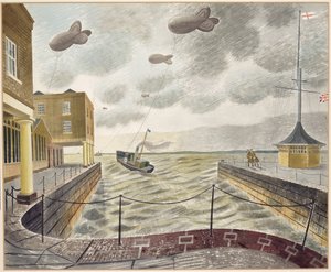 Barrage-Ballons vor einem britischen Hafen von Eric Ravilious