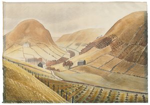 Getreidehocken und Bauernhöfe - Hill Farm, Capel-y-ffin, Wales von Eric Ravilious