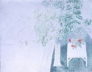 Vase mit Mohnblumen unter einem Baum von Eric Ravilious