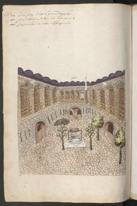 Gebäude in Konstantinopel: Innenhof eines großen Karawansereis mit Bäumen, einem Brunnen und Seiteneingängen zu den Ställen von Erich Lessing