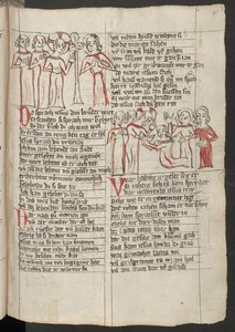 Ganzseitig: Text mit farbiger Zeichnung: Christus sagt Martha, dass ihr Bruder Lazarus von den Toten auferstehen wird von Erich Lessing