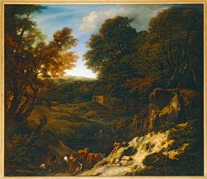 Landschaft mit Hirten und Herden an einem Teich von Erich Lessing