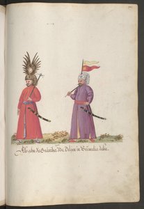 Zwei türkische Grenzsoldaten mit Kopfschmuck, Streitäxten und Säbeln. von Erich Lessing