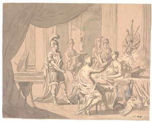 Antike Szene. Eine vornehme Dame wird von anderen Damen vor einem helmbehelmten Krieger geschmückt von Erik Pauelsen