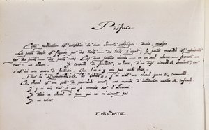 Manuskript-Vorsatzseite einer Partitur mit Zeichnungen von Erik Satie