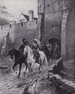 Oliver Cromwell mit seiner Armee am Bootham Bar, York, als Karl II. 1650 versuchte, den Thron zurückzuerobern (Lithografie) von Ernest (after) Crofts