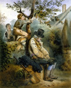 Kinder stehlen Äpfel unter der Nase des schlafenden Bauern - Lithografie von Grenier, ca. 1840 von Ernest (after) Grenier