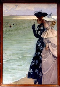 Schöne Epoche: „Badezeit am Meer“ Zwei Frauen am Ufer, die die Badenden durch ein Fernglas betrachten. Gemälde von Ernest Ange Duez (1843-1896) 1896 Rouen, Musée des Beaux-Arts von Ernest Ange Duez