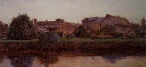 Ein Haus und Bauerngebäude an einem Fluss von Ernest Arthur Rowe