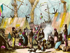 Familien von Auswanderern, die im Hafen von Le Havre kampieren. Gravur von Ernest Charton (1813-1905) von Ernest Charton