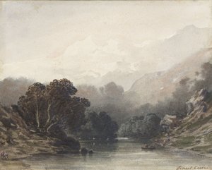 Bergsee im Schatten dunkler Bäume, dahinter helle Hügel und Schneegipfel von Ernest Cicéri