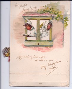 Viktorianische Weihnachtskarte von zwei Rotkehlchen in Nachtkleidung, die alarmiert aus dem Fenster schauen, ca. 1880 von Ernest Henry Griset