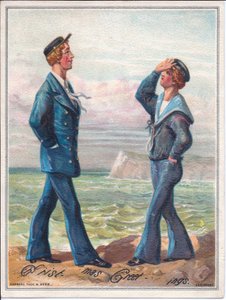Eine viktorianische Weihnachtskarte von zwei Matrosen, die am Meer entlanggehen, ca. 1880