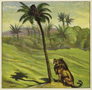 Mann entkommt einem Löwen, indem er auf einen Baum klettert von Ernest Henry Griset