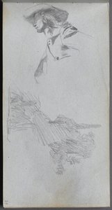 Skizzenbuch, Seite 27: Detailstudie für "Auf einer Terrasse" und Landschaftsstudie von Ernest Meissonier
