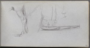 Skizzenbuch, Seite 43: Studien: Pferdebein, Figur in einem Boot und Profil von Ernest Meissonier