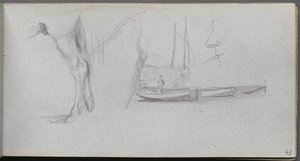 Skizzenbuch, Seite 43: Studien: Pferdebein, Figur in einem Boot und Profil