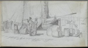 Skizzenbuch, Seite 50: Boote, Figuren, Fracht am Strand von Jean Louis Ernest Meissonier